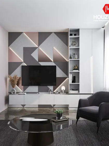 A bold, geometric TV unit with an integrated storage cabinet. The use of different shades of grey and pink, along with backlit panels, creates a futuristic and artistic focal point.