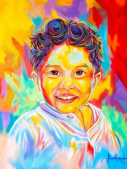 This colorful portrait of a child captures his bright smile and personality using a rainbow of acrylic paints for a truly unique piece.