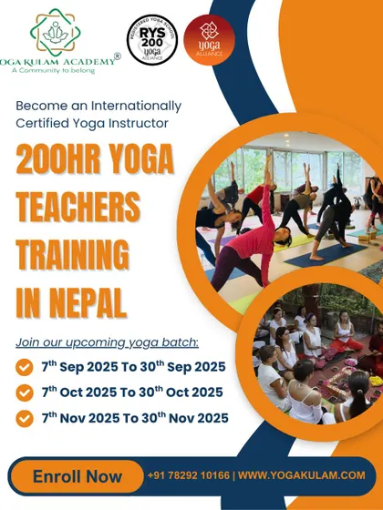 Take your practice to the Himalayas with our 200-hour YTTC in Nepal. This poster shows the stunning natural backdrop for our training, with course dates for our upcoming batches.