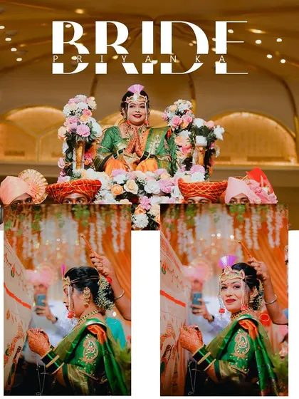 A creative collage celebrating the Maharashtrian bride. It features her grand doli entrance and close-ups from the antarpat ceremony, telling a story of her journey.