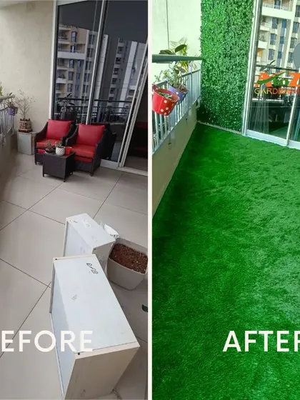 A simple balcony can become a favorite spot in the house. Here, I replaced an empty, tiled floor with lush synthetic grass and added a vertical garden wall to create a vibrant and private green corner.