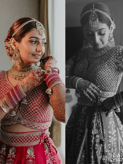 A diptych of the bride, Shivani, getting ready, showcasing her beautiful red lehenga and the final touches of her look.