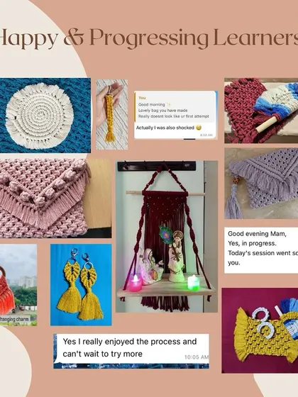 More beautiful creations from my happy and progressing learners. This image includes student-made macrame bags, earrings, wall hangings, and even a car charm, along with their positive feedback.