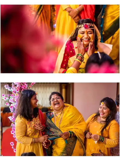 This collage captures the range of emotions at a Haldi, from the bride's joyful face being smeared with turmeric to the hearty laughter of family members.