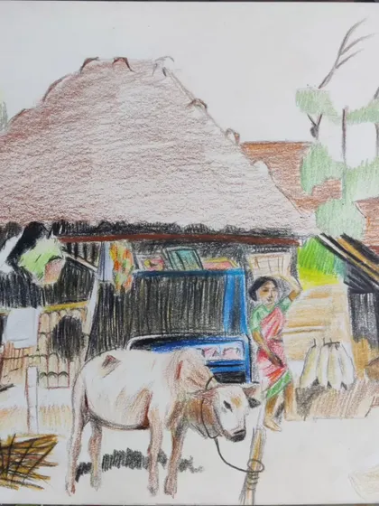 The finished colored pencil drawing of a village scene, complete with a hut, a cow, and figures, showcasing storytelling through art.