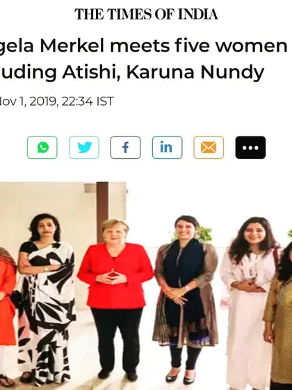 A news clipping from The Times of India about a meeting with former German Chancellor Angela Merkel. Her leadership on issues like refugees, climate, and social security was a bulwark against rising authoritarianism.