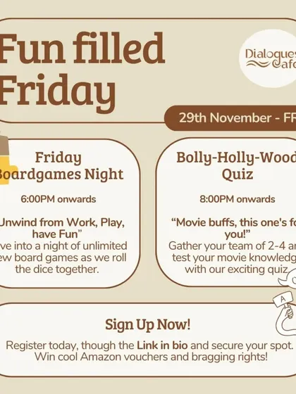 Another flyer for our Friday board game night, inviting you to unwind from work and roll the dice with us.