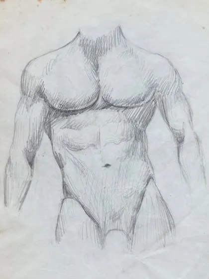 Another of my early anatomical sketches, focusing on the structure of the male chest and shoulders. These foundational studies helped me build an understanding of the body as a canvas.