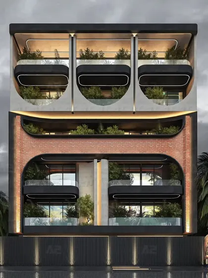 This image shows the transformation from a 3D concept to the built form of a modern facade. Every curve, block, and material detail, like the mix of brick and concrete, comes alive on site with precision execution.