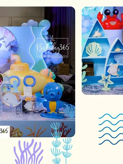 More details from the "Under the Sea" party, including a boat-shaped shelf filled with shells and a friendly octopus prop.