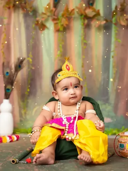 A serene portrait of a baby boy in our 'Lil Kanha' setup, surrounded by peacock feathers and traditional props.