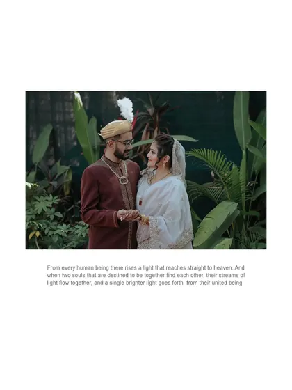 Two hearts, one dua. A beautiful portrait of the couple after their Nikah ceremony, standing together in a lush garden.