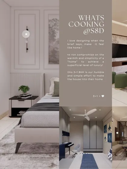 A collage showcasing different rooms from a 3+1 BHK project, where the goal was to create a true "home" without chasing superficial luxury. The result is a collection of warm, simple, and inviting spaces.