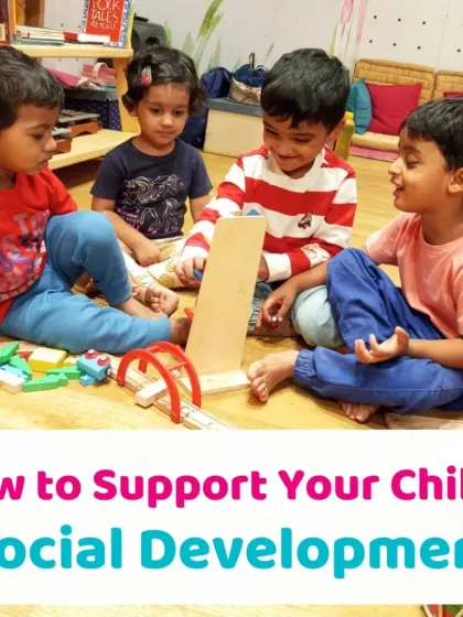 A group of children learning to play a wooden train game together. This is how we support a child's social development, through shared goals and cooperative play.