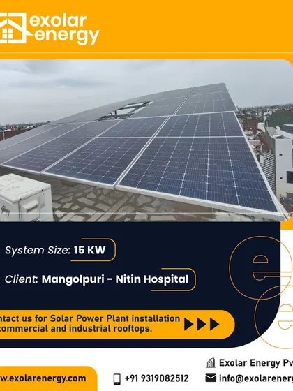 A 15 kW solar system installed for Nitin Hospital in Mangolpuri. We provide tailored solar solutions for healthcare facilities of all sizes.