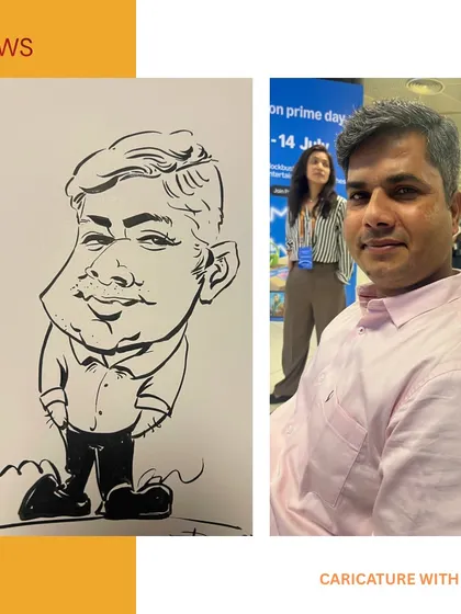 A fun caricature moment at the Z News office. Live art is a unique way to engage employees and celebrate company milestones.