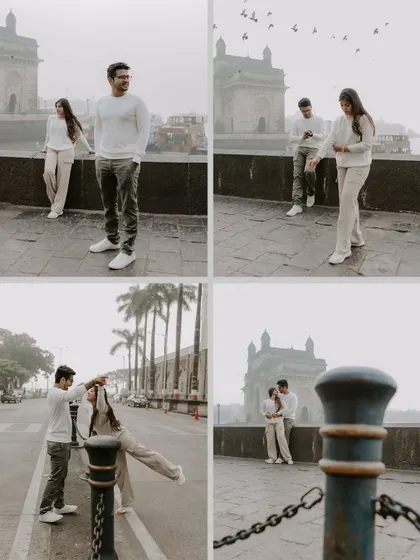 A collage of candid moments from a pre-wedding shoot around the Gateway of India, capturing playful interactions and romantic glances against this famous backdrop.