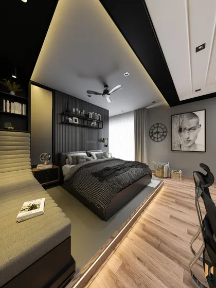 This bedroom design is divided into distinct sleeping, study, and seating areas, with a dark, moody color palette for a cozy and luxurious feel.