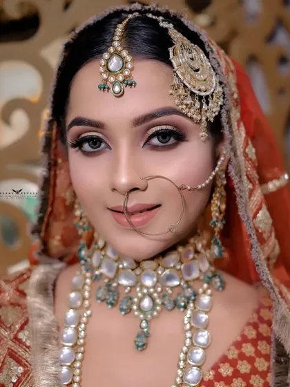 A stunningly clear and bright close-up of the bride. The lighting is perfect for showcasing her flawless makeup, sparkling eyes, and the grand kundan jewellery.
