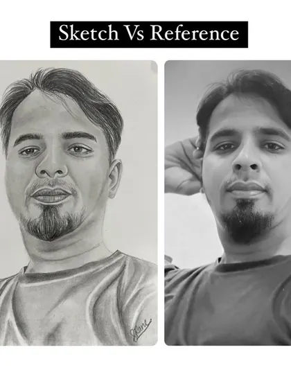 See the magic happen. This side-by-side comparison shows the original reference photo next to my finished A5 pencil sketch, highlighting the accuracy and artistic interpretation in my portrait work.