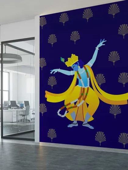 Our Dancing Lord Krishna wallpaper brings a spiritual and vibrant energy to this office space. The bold colors and divine imagery make for a powerful and inspiring feature wall.