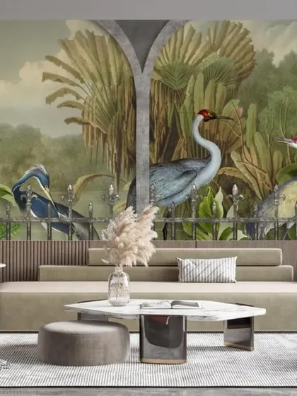This wallpaper features a beautiful mural of cranes in a lush, tropical setting, framed by architectural arches. The design adds a layer of elegance and depth, creating a sophisticated and artistic focal point.