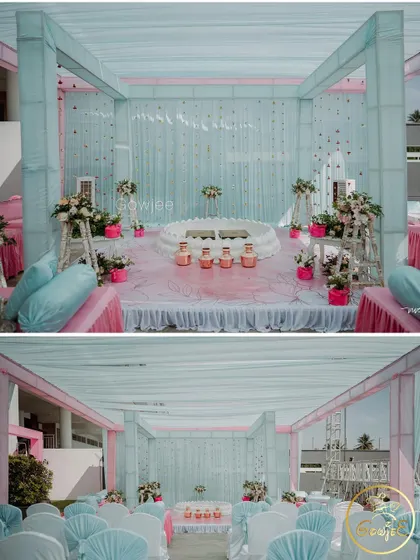 A pastel-themed Haldi setup in pink and blue, offering a modern twist on the traditional ceremony.