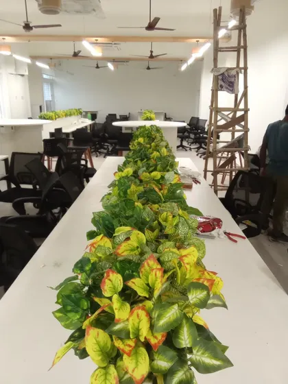Another view of the office desk planter installation, showing how it adds a line of green to the workspace.