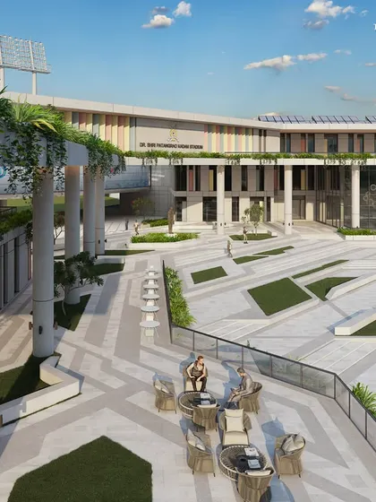 An elevated view of the central plaza, showing its geometric landscaping and connections to the surrounding cultural and convention centers. Our design prioritizes safe, sustainable, and pedestrian-first mobility.