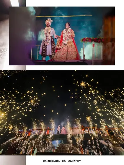 A collage capturing the grand Varmala ceremony at ITC Grand Bharat, complete with a massive fireworks display.