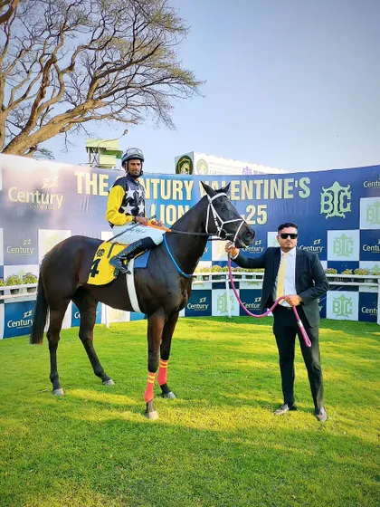 Mayne Magic, with jockey Antony Raj S., after winning The Garden City Trophy.