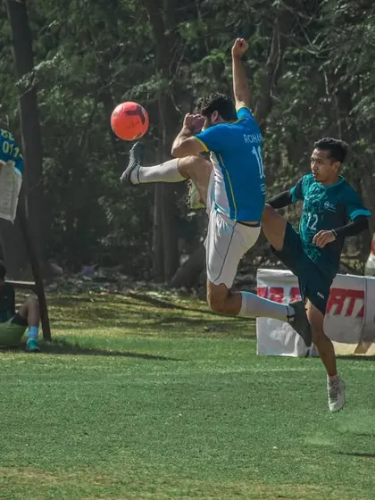 A spectacular mid-air volley attempt. My corporate leagues are full of unforgettable moments.