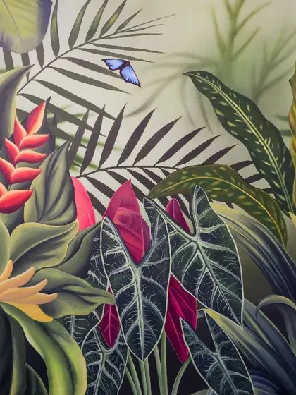 We brought a hyper-realistic botanical jungle inside for Zee Entertainment. This lush mural is filled with detailed flora and fauna, creating a serene yet vibrant escape within the office.