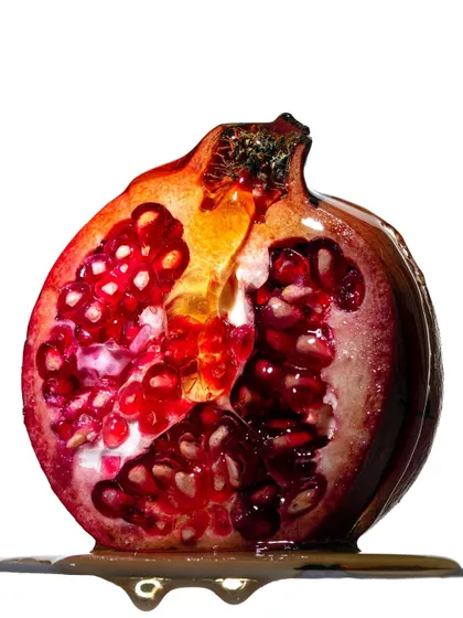 A cross-section of a pomegranate with honey dripping over it. The hard light catches the glistening texture of the seeds and the liquid, creating a rich and delicious-looking fine art photograph.
