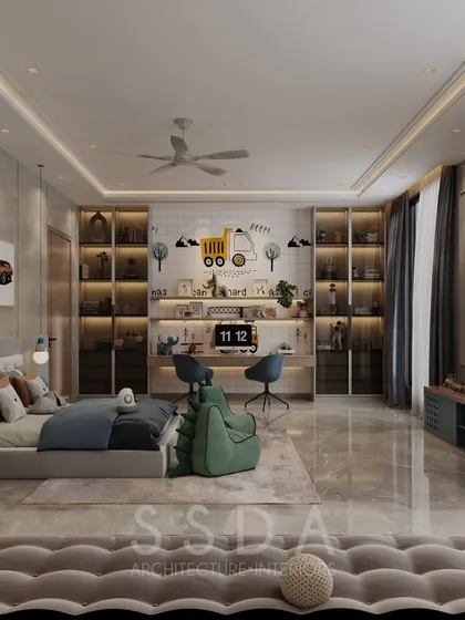 The study area in the kids' bedroom features a large desk with a hand-painted mural backdrop. The built-in shelving with integrated lighting is perfect for displaying books and toys.