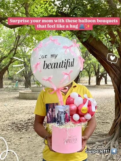 A beautiful balloon bouquet in a box, personalized with photos and a custom message on the bubble balloon, designed to feel like a hug for your mom.
