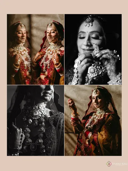 A collage of artistic black-and-white portraits of the bride getting ready, capturing intimate and beautiful details.