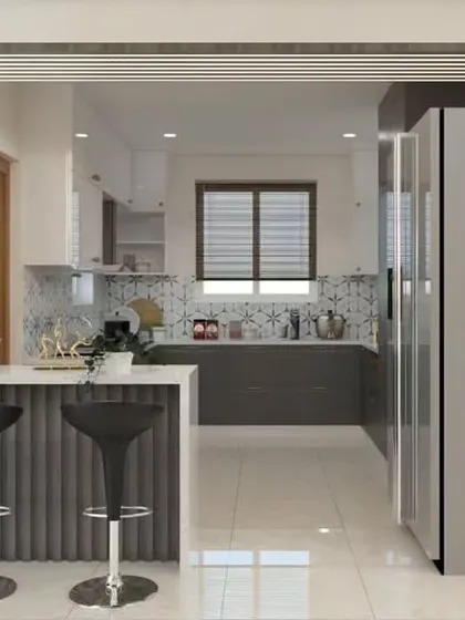 This design features a pass-through window and breakfast bar, creating a stylish connection between the kitchen and the adjoining area. The ribbed detail on the bar adds a touch of modern texture.