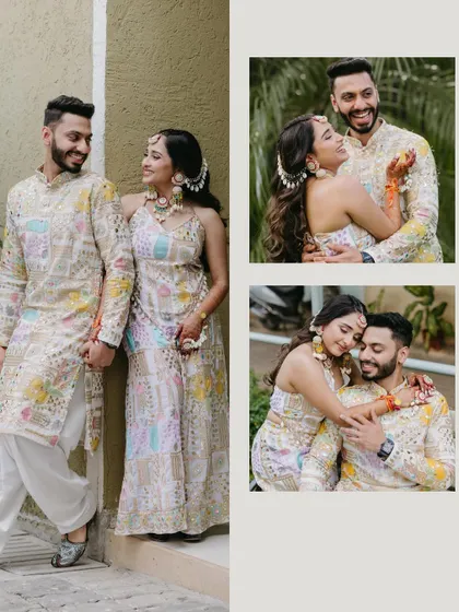 A collage of a couple's Haldi ceremony, showing them posing together and sharing intimate, happy moments in their colorful outfits.