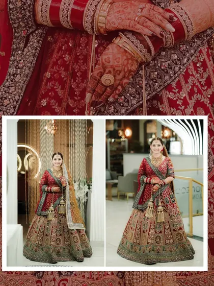A diptych showing the bride's full wedding look, including the heavy embroidery on her lehenga and her matching jewelry.