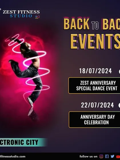 An announcement for our back to back anniversary events at the Electronic City location. We host special dance events and celebrations for our members.