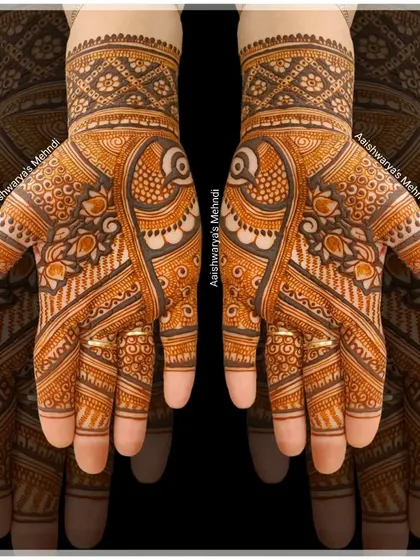 A dense and intricate design featuring peacocks and paisleys, a classic combination for a traditional look.