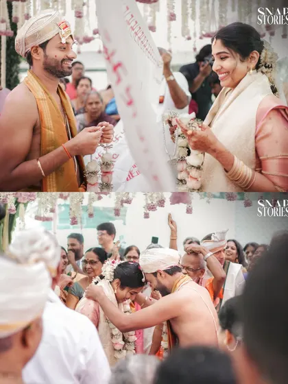 Two moments from a South Indian wedding, showing the couple's first look and a blessing from family. We document the full range of emotions and traditions.