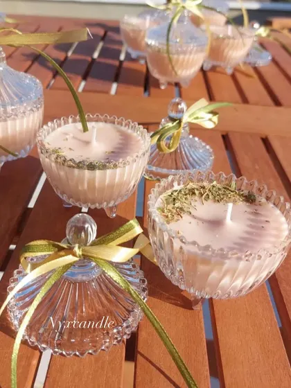 Another view of the crystal jar wedding candles, showing them with and without their lids.