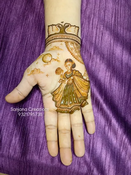 A beautiful Karwachauth figure, showing a woman with a puja thali and sieve, waiting for the moon. This is the beginning of the full design.