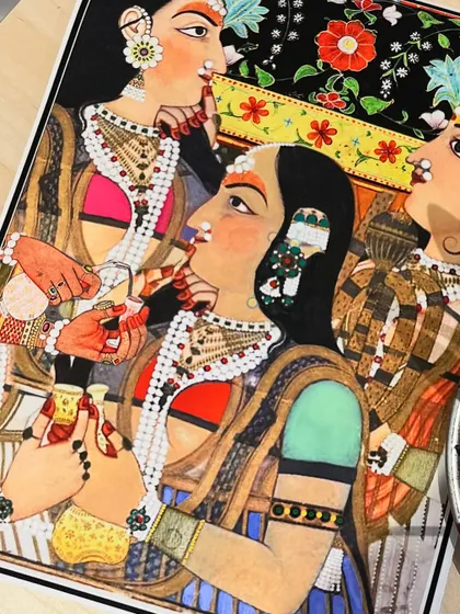 A detail of the digital artwork before framing. This shows the intricate line work and vibrant colors of the recreated Rajput miniature painting, a style known for its intimate and detailed scenes.