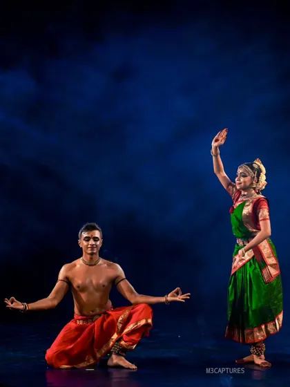 A tender moment from 'SUTÃ'. My kneeling posture and Akshatha's graceful stance convey a sense of reverence and affection between father and daughter.