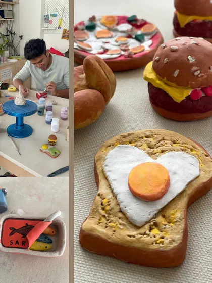 A collage showing both the process and the final products from our miniature food workshop, including a student painting his creation and a close up of a heart shaped egg on toast.
