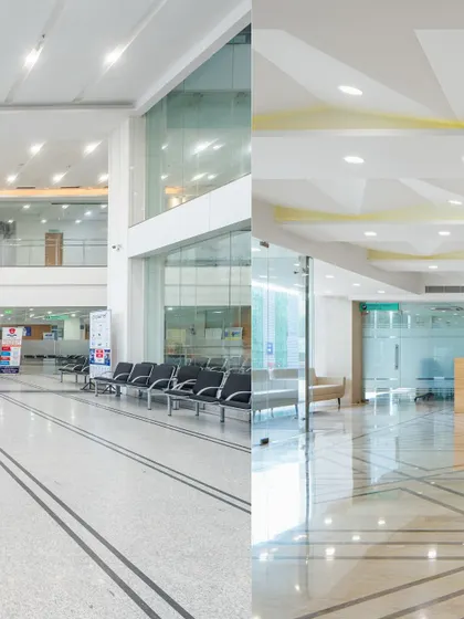 This split image shows two different lobby designs, both emphasizing spatial clarity and comfort. Whether through grand atriums or more intimate waiting areas, our goal is to improve navigation and create a welcoming environment.