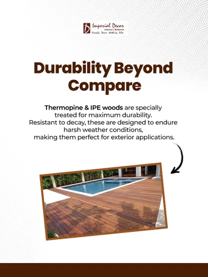 For durability that is beyond compare, I recommend Thermopine and IPE woods. As you can see on this poolside deck, these woods are treated to resist decay and endure harsh weather, making them perfect for any exterior application.